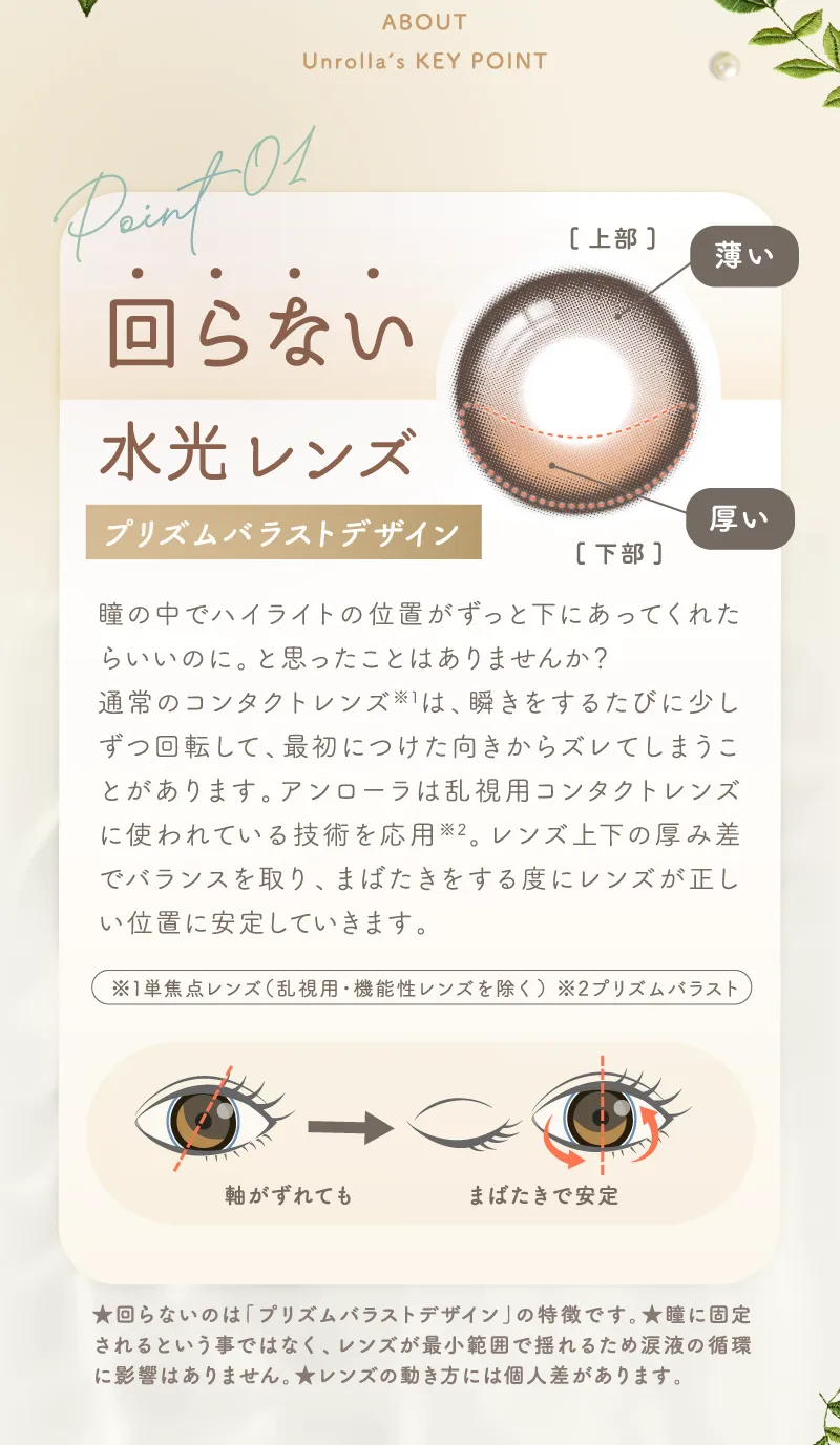 Point1 回らない水光レンズ 瞳の中でハイライトの位置がずっと下にあってくれたらいいのに。と思ったことはありませんか？通常のコンタクトレンズは、瞬きをするたびに少しずつ回転して、支所につけた向きからズレてしまうことがあります。アンローラは乱視用コンタクトレンズに使われている技術を応用。レンズ上下の厚み差でバランスを取り、まばたきをする度にレンズが正しい位置に安定していきます。