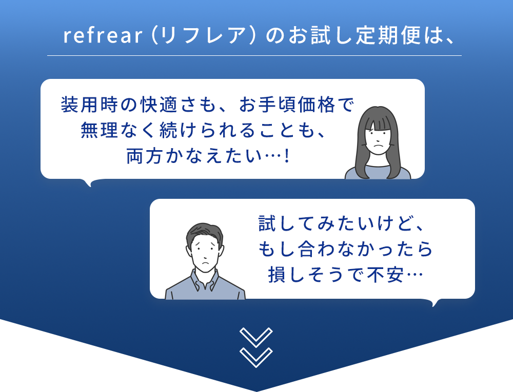 refrear（リフレア）のお試し定期便は、装用時の快適さも、お手頃価格で無理なく続けられることも、両方かなえたい…！試してみたいけど、もし合わなかったら損しそうで不安…