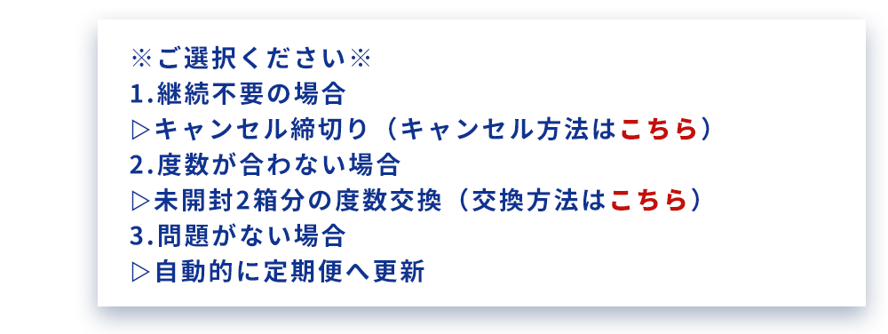 「ご選択ください」1.継続不要の場合 キャンセル締切 2.度数が合わない場合 未開封2箱分の度数交換 3.問題がない場合 自動的に定期便へ更新